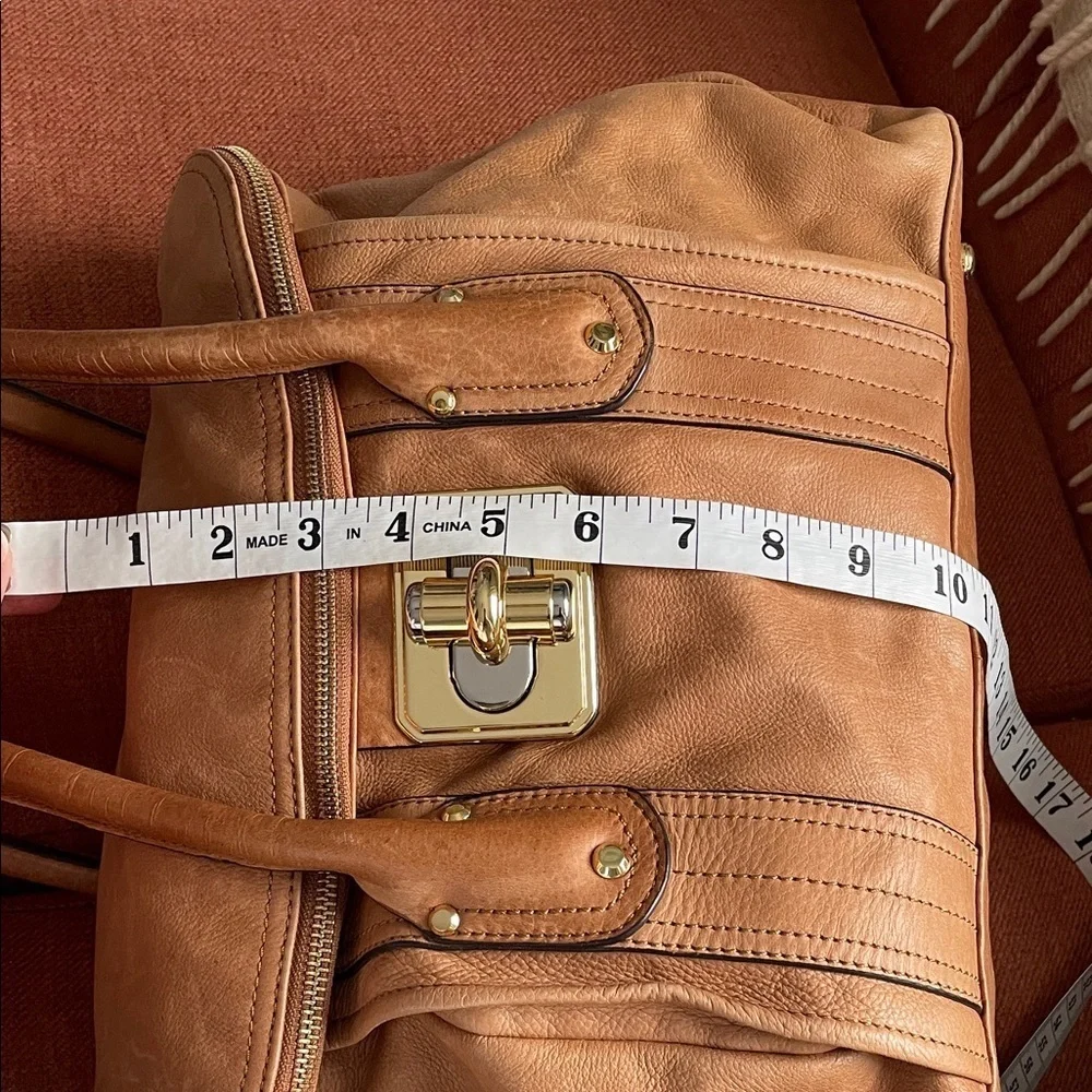 B Makowsky Tan Leather Shoulder Bag Satchel with Gold Accents